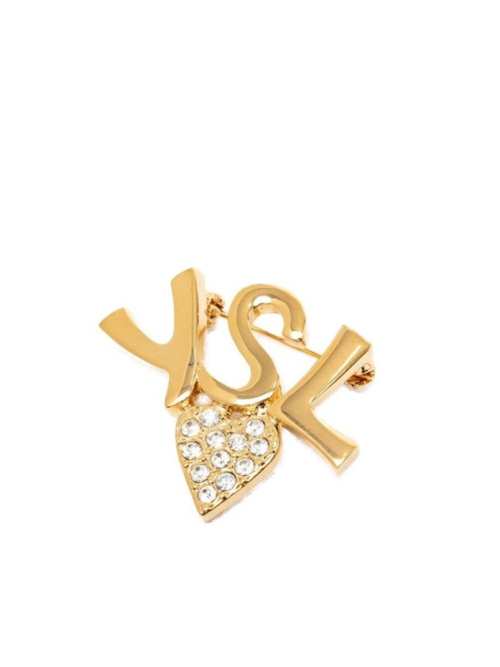 Saint Laurent YSL Logo Heart Motif Brooch Gold Plated Rhinestone